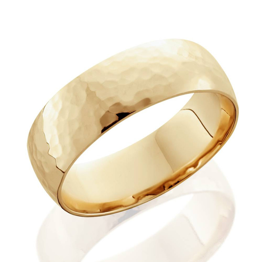 Mens 18K Yellow Polished Hammered Comfort Wedding Band