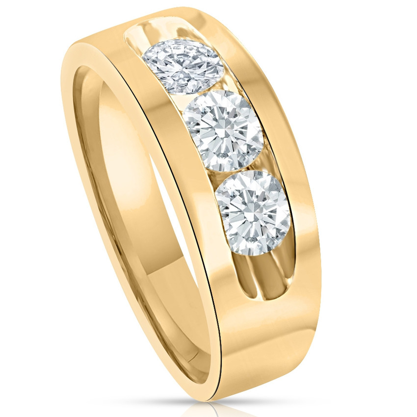 2Ct Diamond Mens Three Stone Ring 10k Yellow Gold