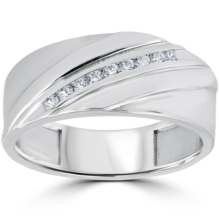 1/6 Ct Men's Diamond Wedding Channel Set Ring 10K White Gold High Polished