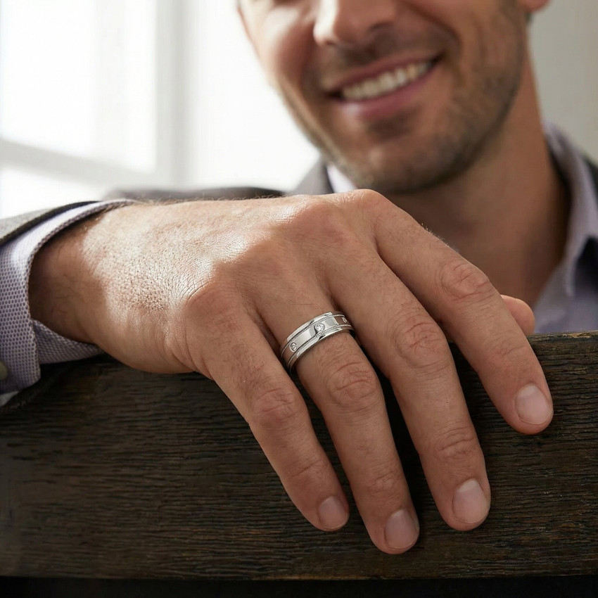 Mens 14K White Gold Diamond Wedding Anniversary Band