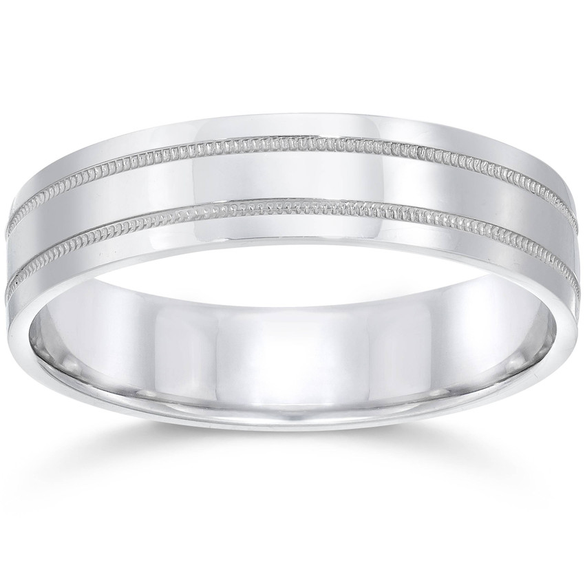 5mm Flat Double Milgrain Wedding Band 10K White Gold