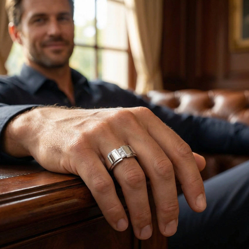 Mens 14K White Gold Princess Cut Diamond Wedding Ring