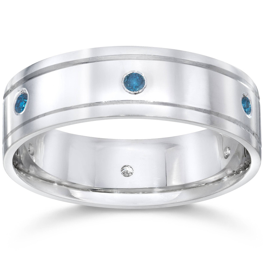 Mens 1/4ct Treated Blue Diamond 14K White Gold Wedding Band