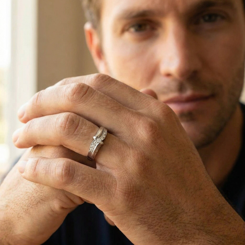 Mens Diamond Ring White White Gold Wedding Band High Polished Band