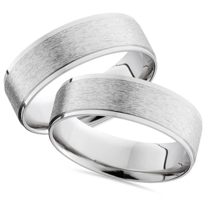 14K White Gold His Hers Brushed Wedding Band Ring Set