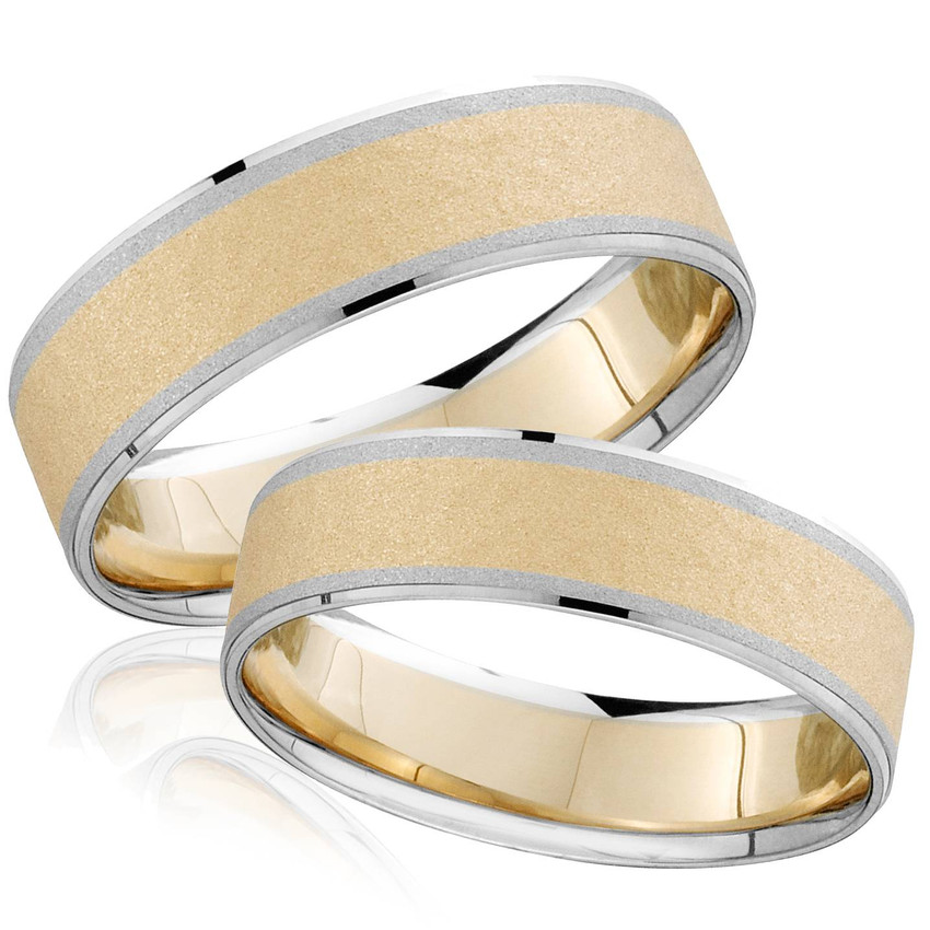 14k White & Yellow Gold Two Tone Hammered His His Wedding Ring Band Set