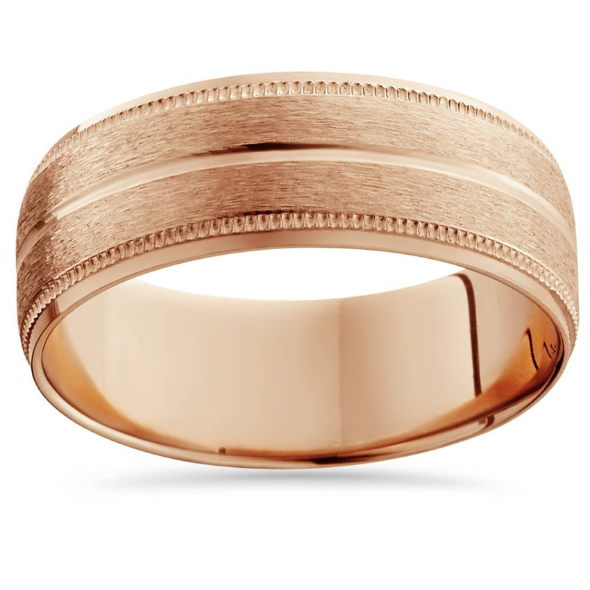 14K Rose Gold Mens Brushed Milgrain Beveled Wedding Band 8mm