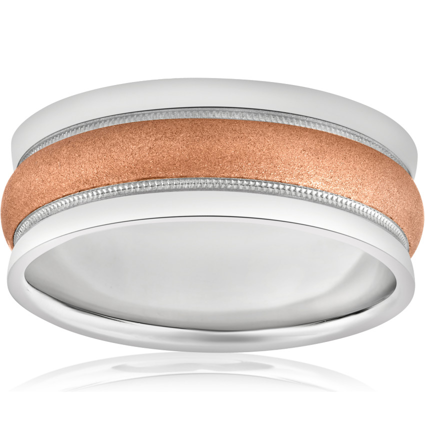 8mm Wide Mens Two Tone 14k White & Rose Gold Brushed Wedding Ring  Comfort Fit