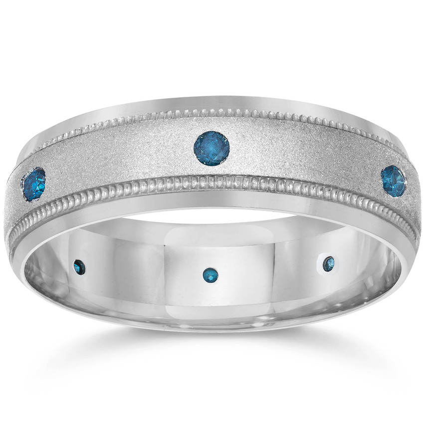 Mens Blue Diamond Wedding Ring White Gold Anniversary Band