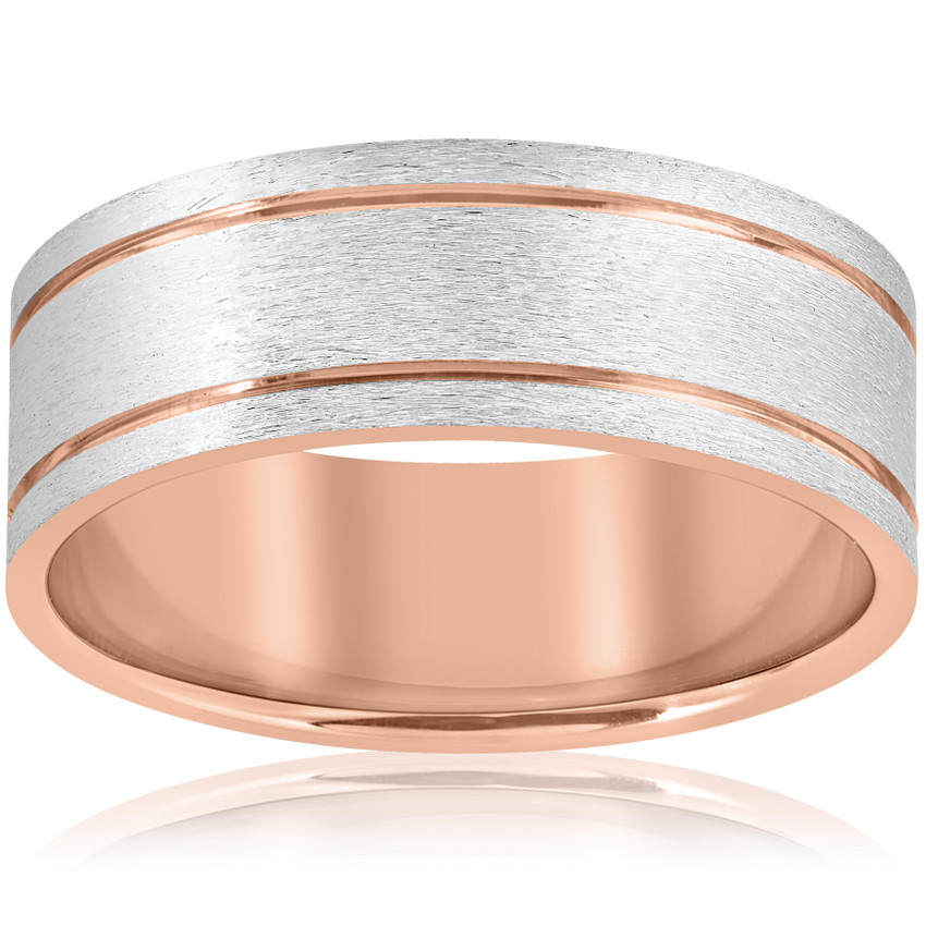 14k Rose Gold 8MM Two Tone Flat Brushed Comfort Fit Mens Wedding Band