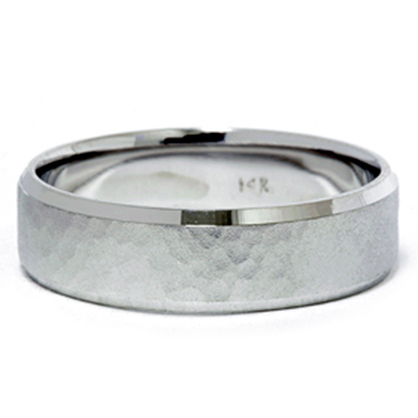 Mens 14K White Gold Hammered Beveled Wedding Band New