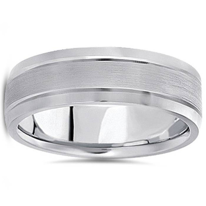 Mens 7mm Flat Brushed Wedding Band Ring14K White Gold