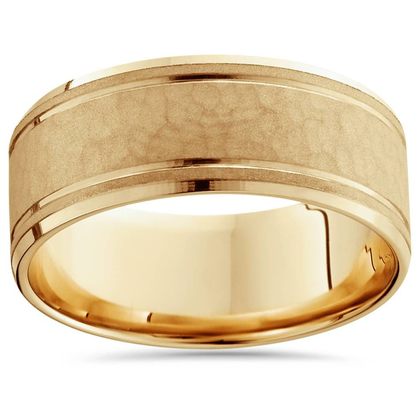 8mm Hammered Mens Wedding Band 14K Yellow Gold
