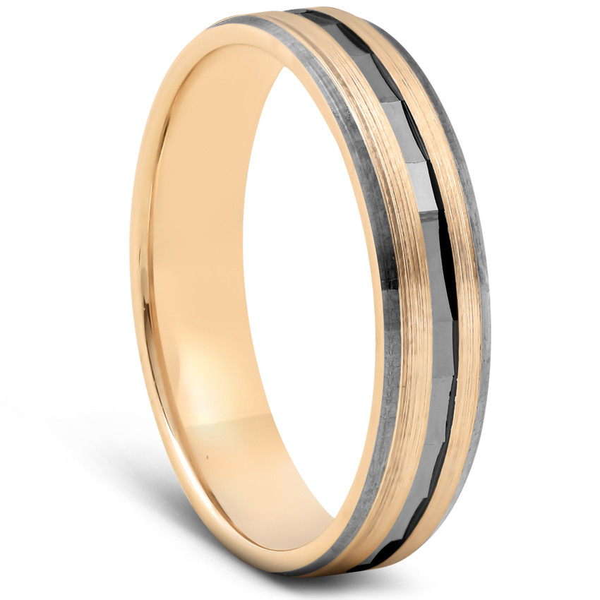 Solid 10k Yellow & Black Gold Mens Brushed Diamond Cut Finish Mens Wedding Band