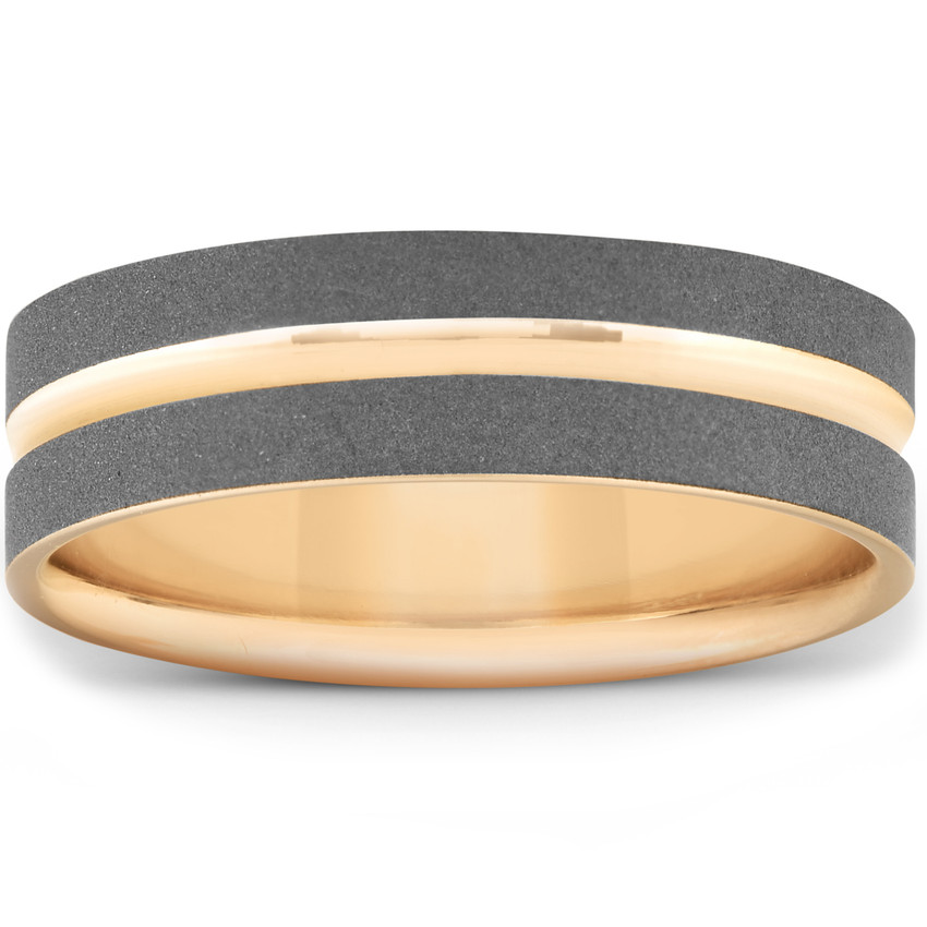 14k Yellow Gold & Black Brushed Mens 6mm Flat Comfort Fit Wedding Band Mans Ring