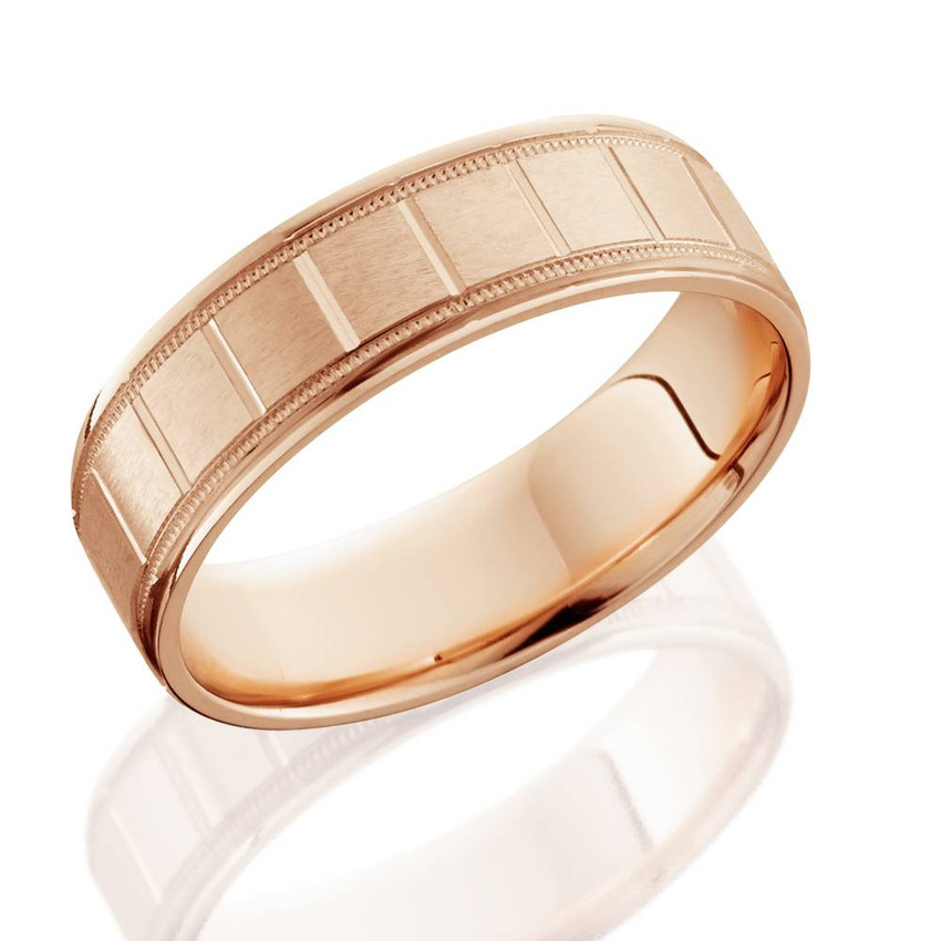 6mm Flat Brushed Hand Carved Mens 14K Rose Gold Flat Wedding Band