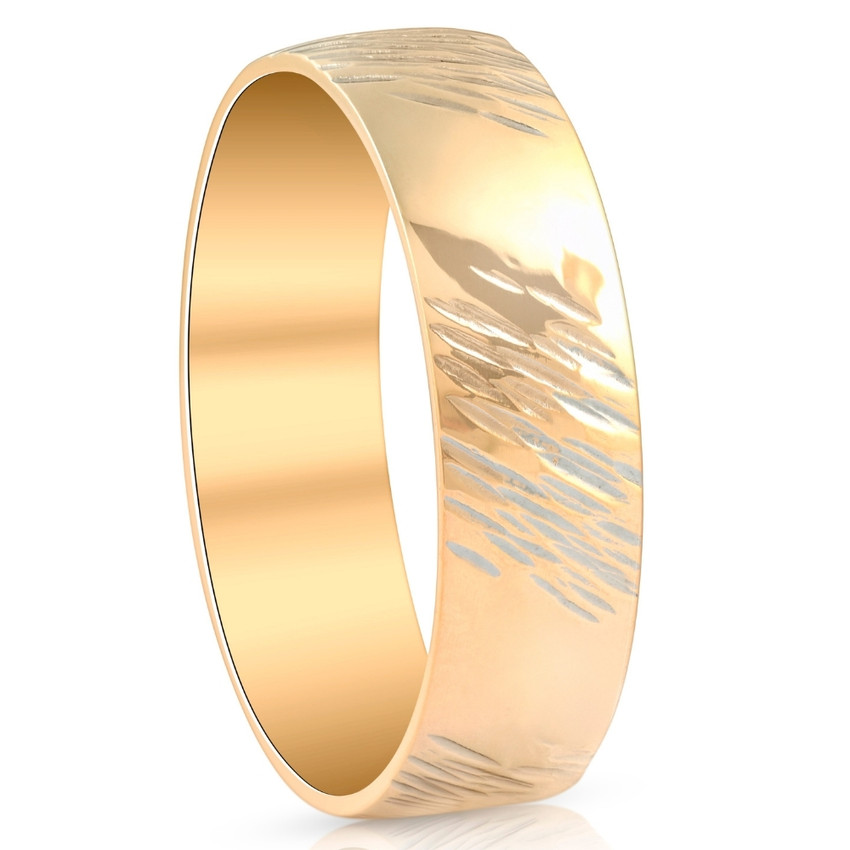 14k Yellow Gold Mens 6mm Hand Etched Wedding Anniversary Band