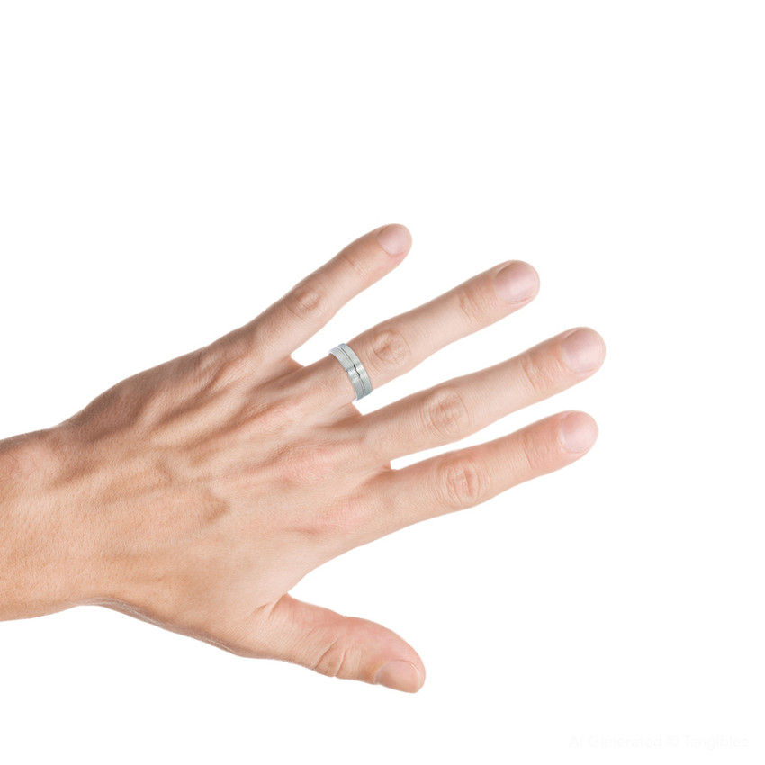 14k White Gold Brushed Wedding Band Men's 6mm Flat Ring