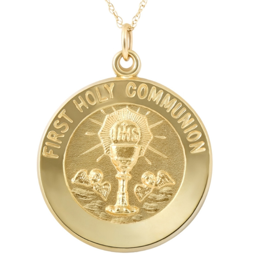 14k Yellow Gold First Holy Communion Medal Pendant 1" Tall 4 Grams