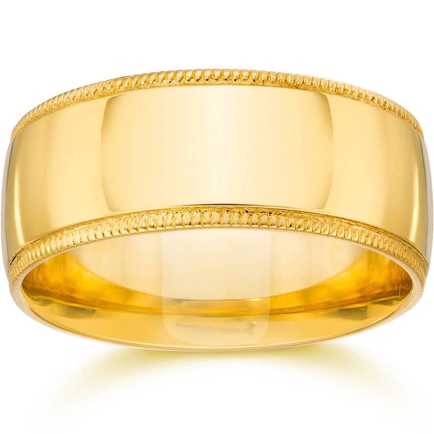 10MM Wide Milgrain Edge High Polished Wedding Band 14K Yellow Gold