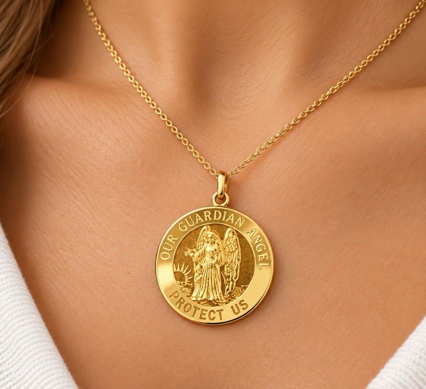 14k Yellow Gold Guardian Angel Medal Pendant 1" Tall 5.5 Grams