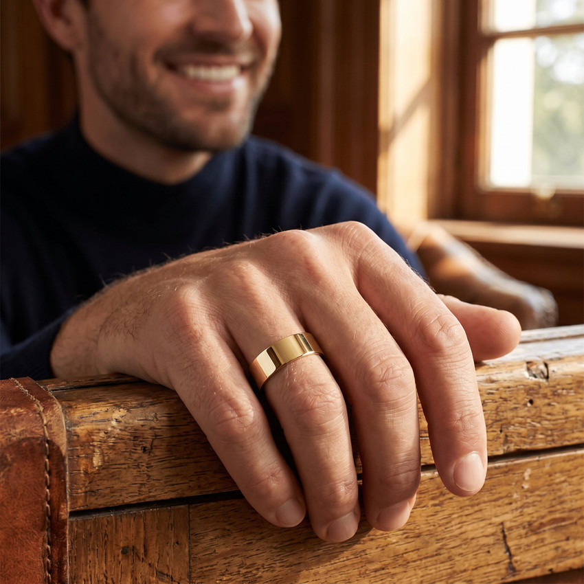 Mens 14K Yellow Gold Flat Plain Wedding Band
