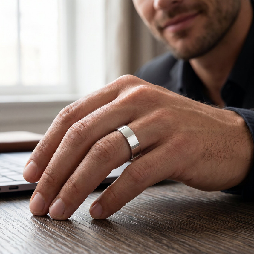 14K White Gold Mens Flat Ring Comfort Fit Plain High Polished Wedding Band