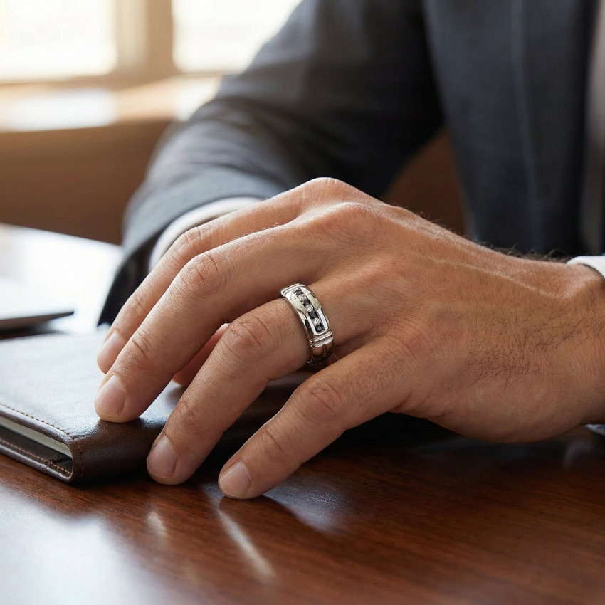 1/3ct Treated Black & White Diamond Mens Wedding Ring 10K White Gold