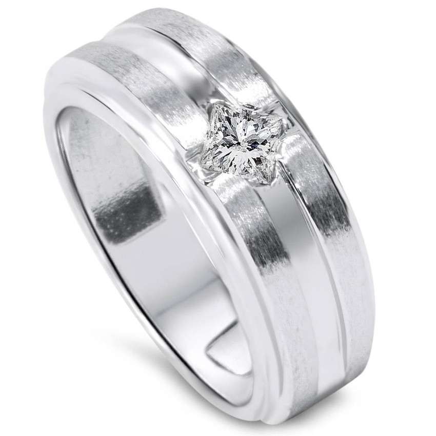 3/8ct Mens Princess Cut Solitaire Brushed Wedding Diamond Ring 14K White Gold