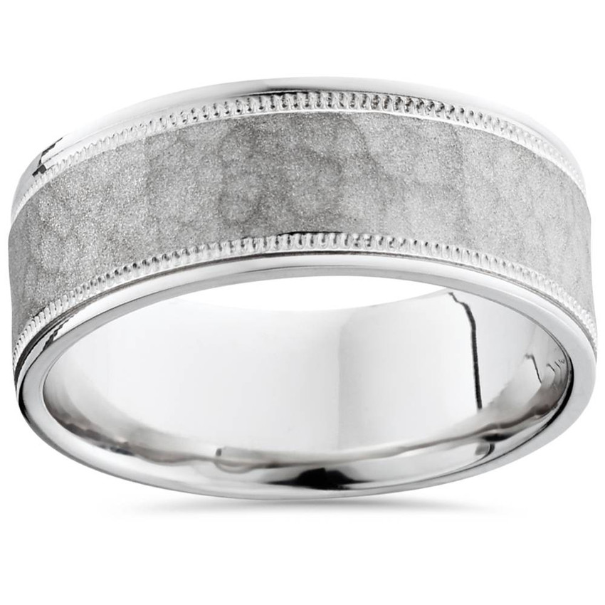 8mm Hammered Ring Solid 14K White Gold Men's Wedding Band
