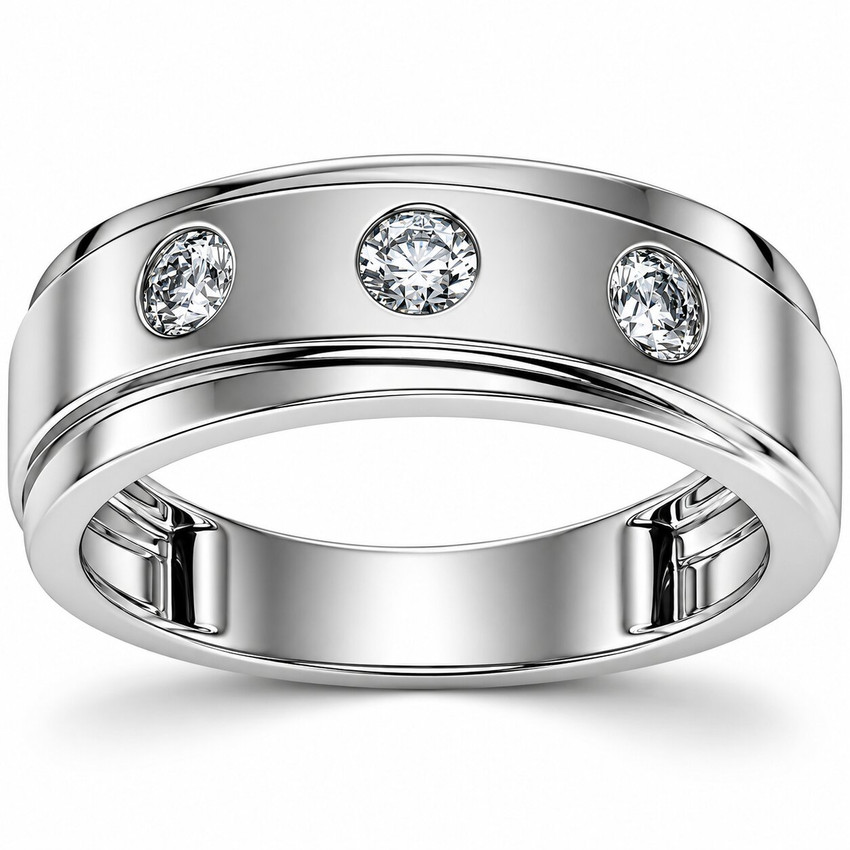 VS 1/2Ct Diamond Ring Men's Lab Grown 3 Stone Polished Wedding Band in 10k Gold