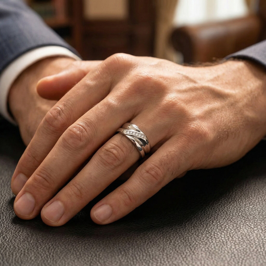 Mens High Polished White Gold Diamond Anniversary Ring