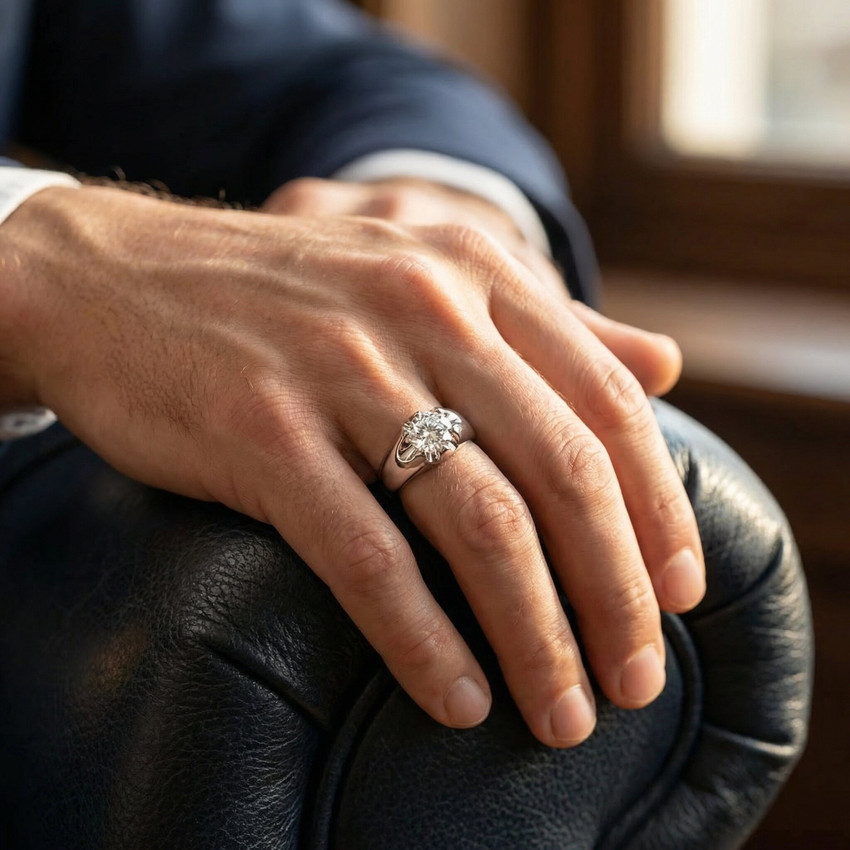 Mens 1 1/2ct Diamond Solitaire Belcher Polished Wedding Ring 14k Gold Enhanced