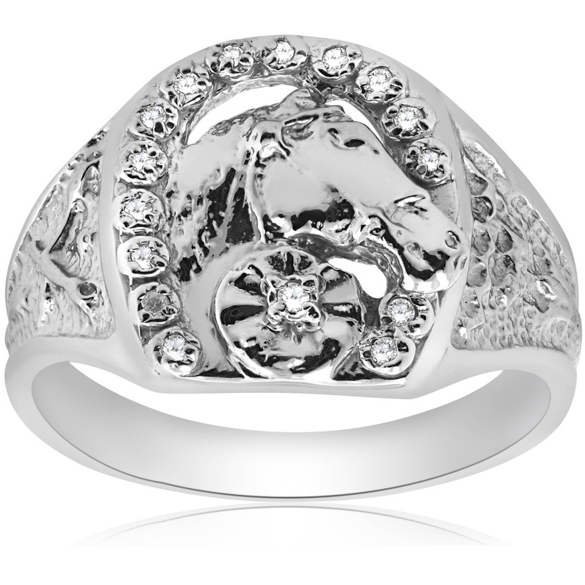 Mens Diamond Lucky Horseshoe Ring 10K White Gold