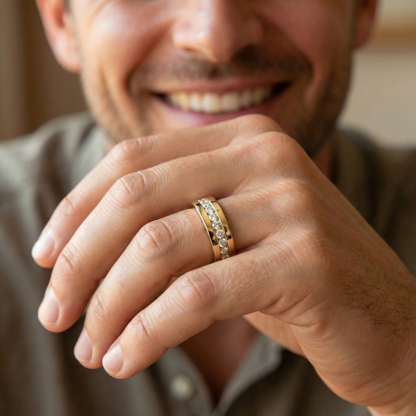 1 1/4ct Men's Diamond Channel Set Eternity Ring 14K Yellow Gold