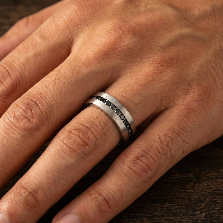 1 1/10ct Black Diamond Brushed Wedding Mens Eternity Band 14K Black Gold