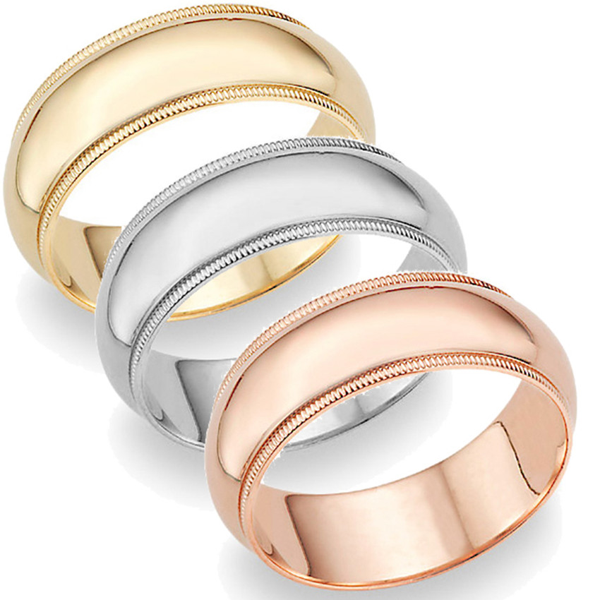 10mm Milgrain Plain High Polished Dome Wedding Band 10k White, Yellow, Rose Gold