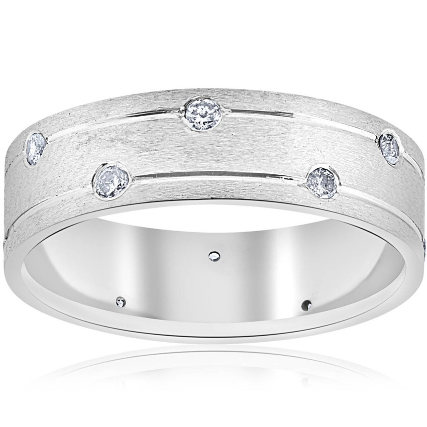 Mens 14k White Gold Genuine Diamond Comfort Fit Wedding Ring 6MM Brushed Band