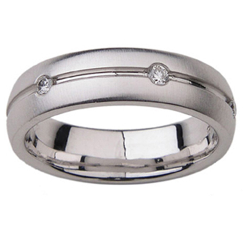 14k White Gold Comfort Fit Brushed Diamond Wedding Ring