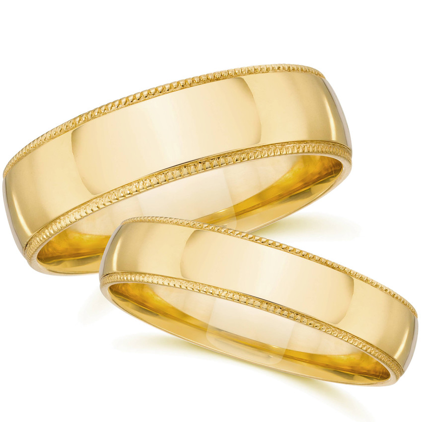 Yellow Gold Matching Wedding Bands Mens Womens Plain Polished 14k Milgrain Rings