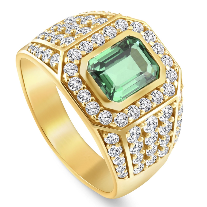 4 1/2Ct Emerald & Diamond Men's Ring 10k Yellow Gold Lab Grown