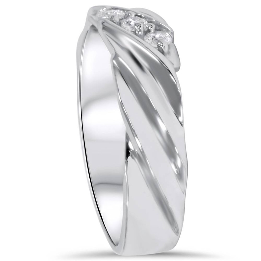 Mens Diamond Wedding Ring 3-Stone 14K White Gold High Polished Band