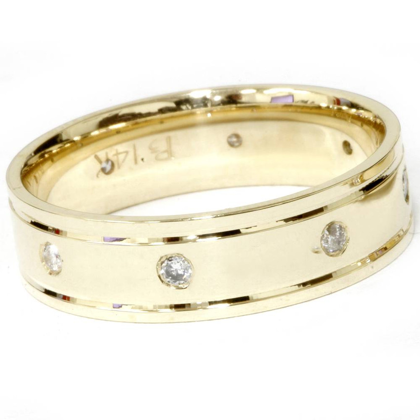 14K Yellow Gold Mens Diamond High Polished Wedding Ring 6MM