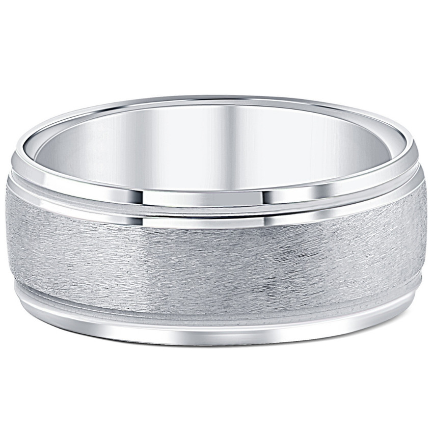 8mm Brushed Mens Wedding Band 10K White Gold