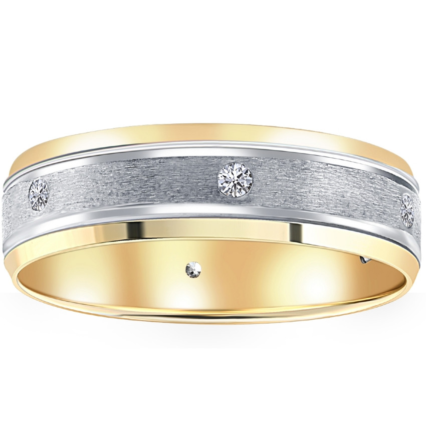 Men's 14k White & Yellow Gold Diamond Ring 6mm Brushed Wedding Band