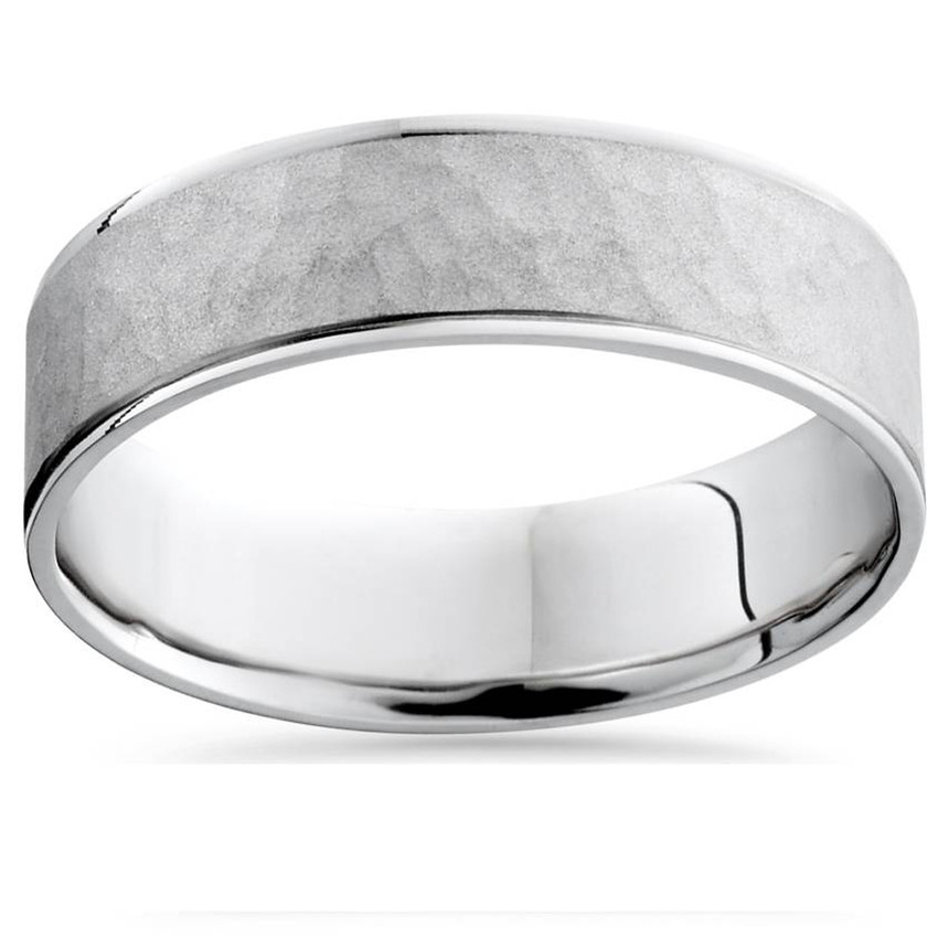 Mens 10k White Gold Hammered Comfort Fit Wedding Band 6MM Wide Ring