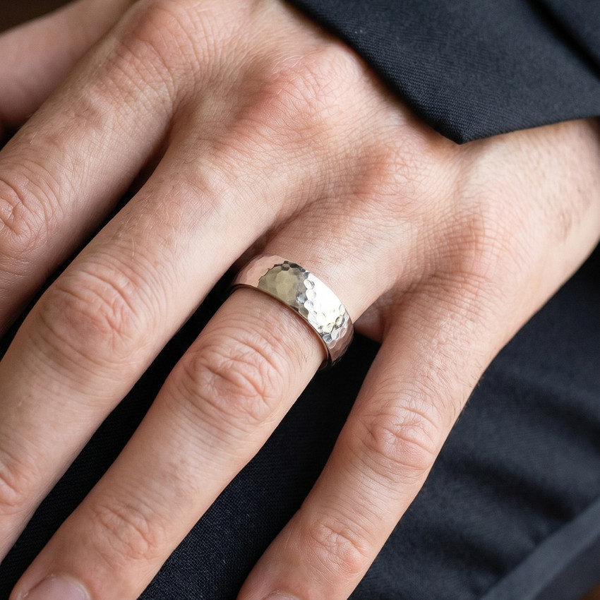 7mm Polished Hammered Wedding Band 10K White Gold
