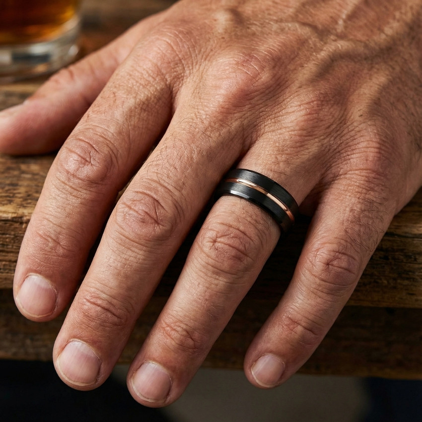 Men's Brushed Black Tungsten Rose Gold Plated Two Tone 8mm Ring Wedding Band