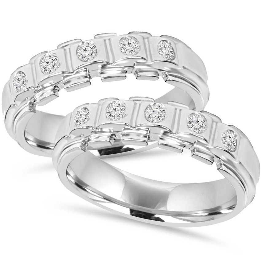 His Hers Diamond Matching Wedding Ring Band Set Solid 14K White Gold Solitaire