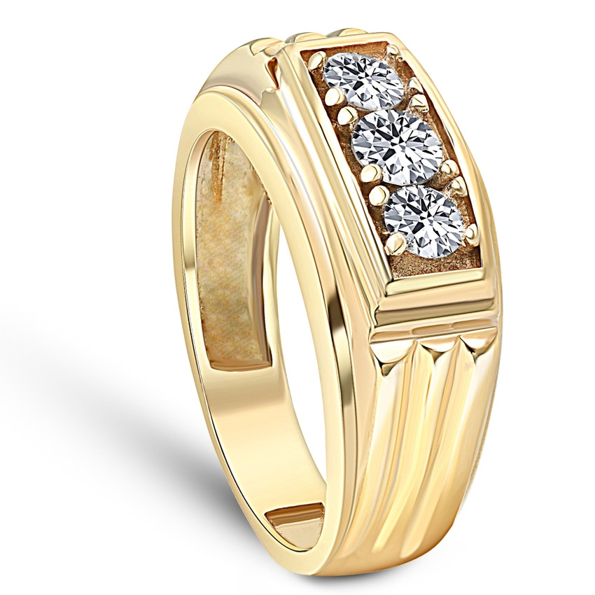 Mens 3/4CT Three Stone Diamond Wedding Anniversary Ring 14K Yellow Gold Jewelry